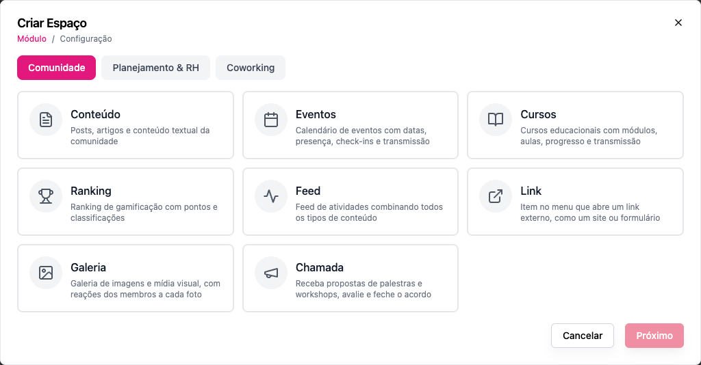 Criar Espaço, passo 1: o módulo
