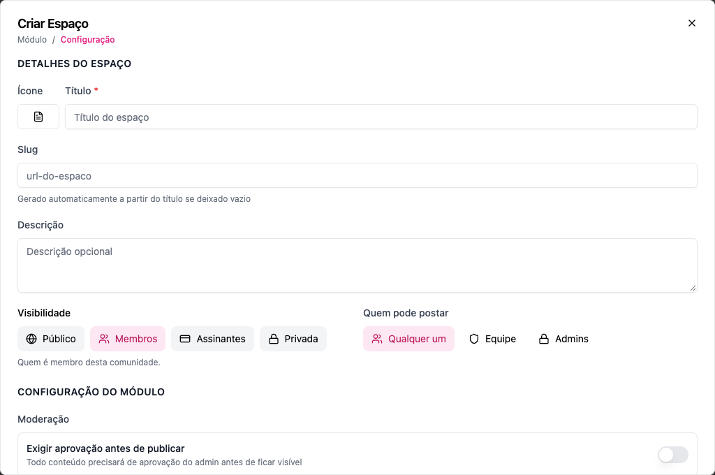 Criar Espaço, passo 2: a configuração