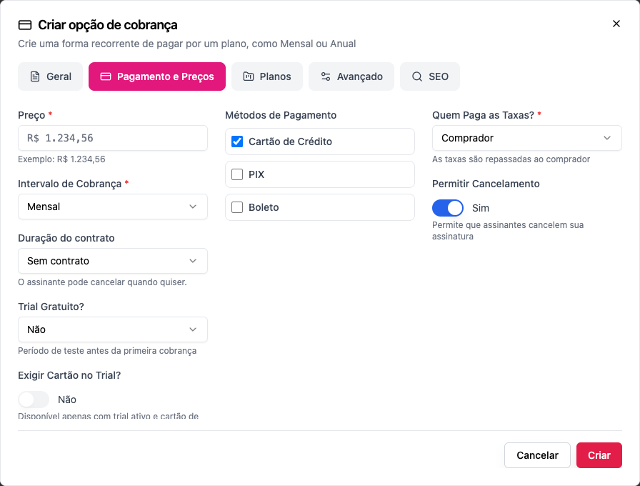 A aba Pagamento e Preços de uma opção de cobrança
