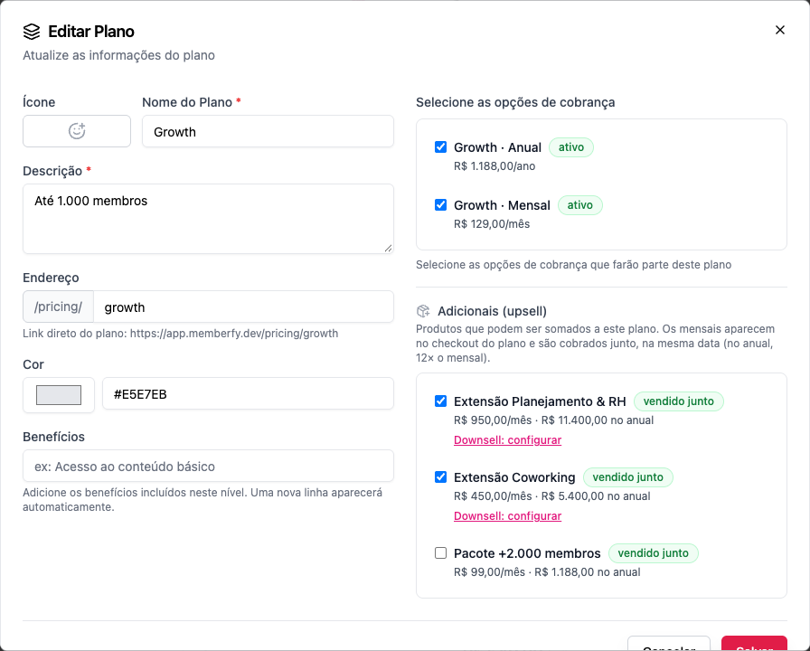 A seção Adicionais (upsell) na edição do plano
