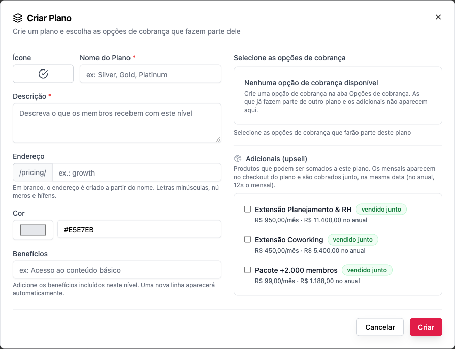 Criar Plano, com a lista de adicionais