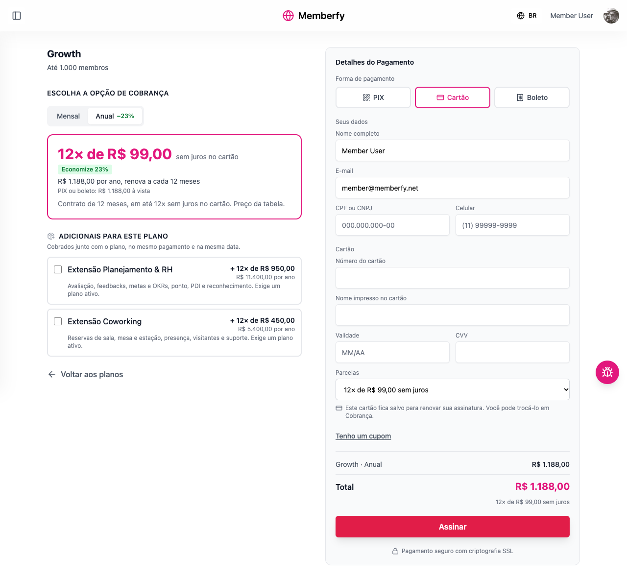 O checkout de um plano anual