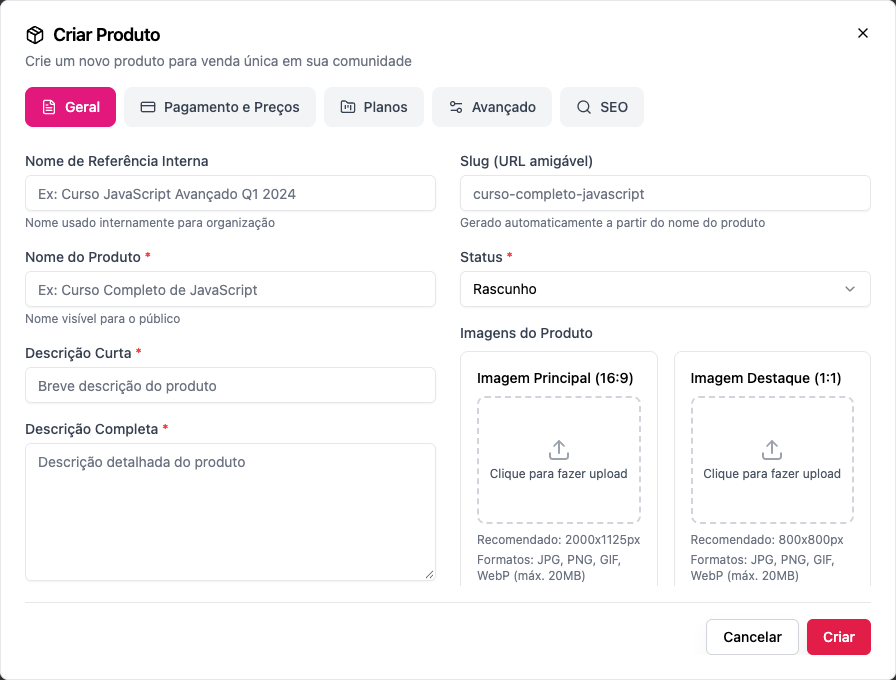 A aba Geral de Criar Produto